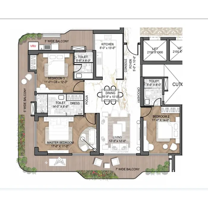 Type C Floor Plan - 3 BHK + 3 Toilet - 2461 sq.ft.