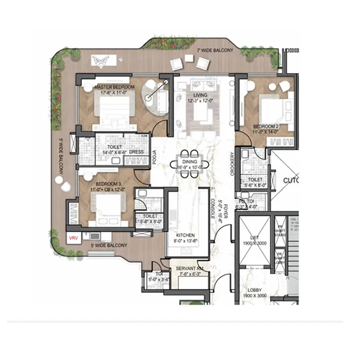Type B Floor Plan - 3 BHK + 4 Toilet - 2471 sq.ft.