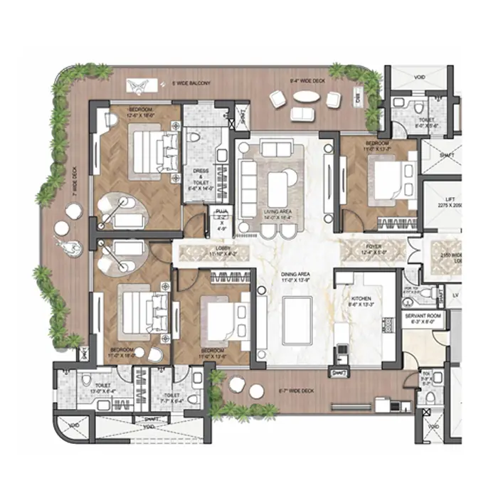 Type A Floor Plan - 4 BHK + 5 Toilet - 3650 sq.ft.